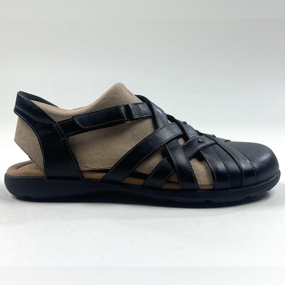 Clarks Elizabelle Sea Black Leather Womens Sandals Fisherman Strappy 26177120